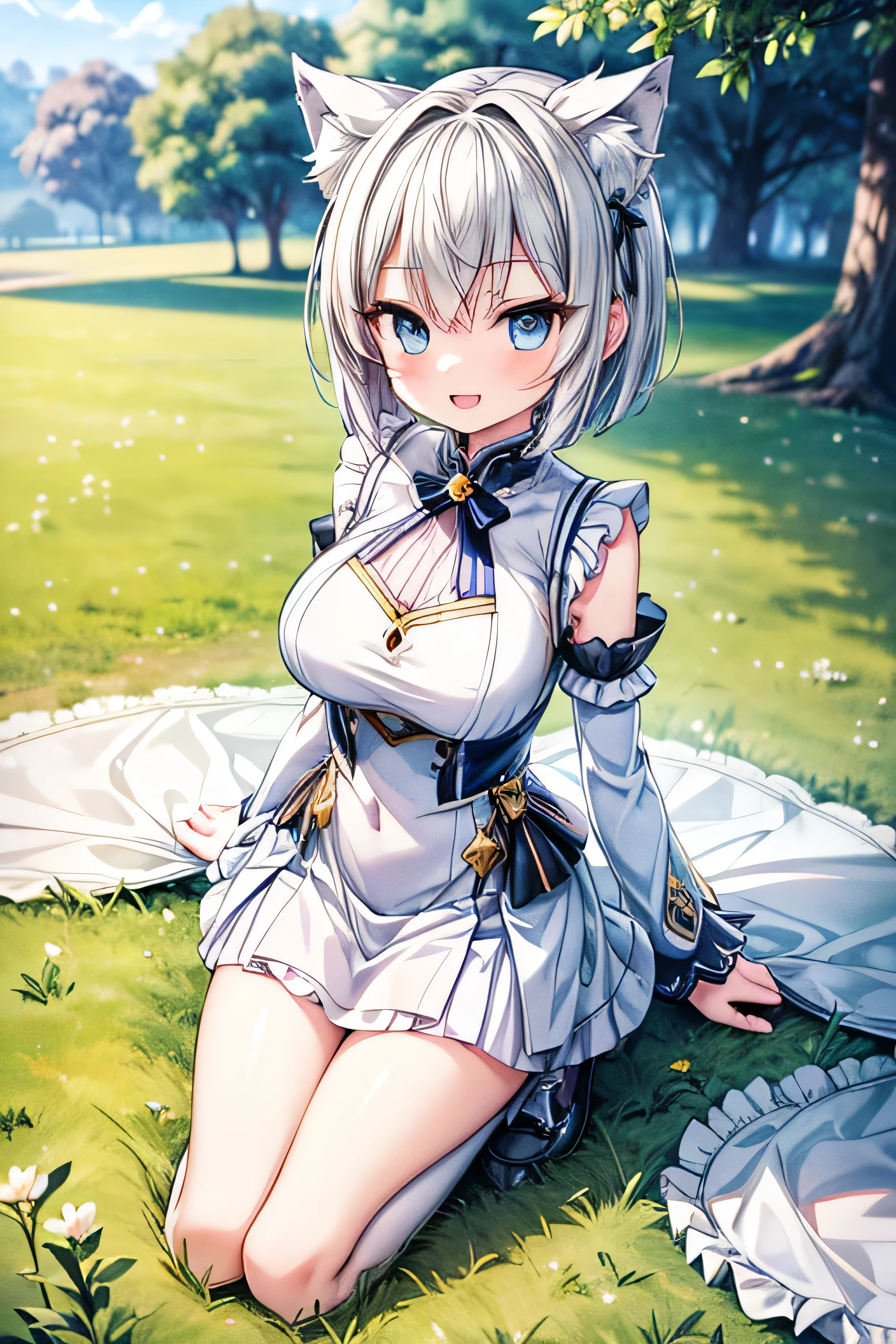 (extremely detailed, 8K resolution, with sharp focus, masterpiece, best quality, Moe Art style, sfw):1.2, 1 cute silver wolf lady, slender full body, kneeling on the grass in the park, detailed skyblue eyes, detailed pupil, extremely contented smile, open mouth, short hair