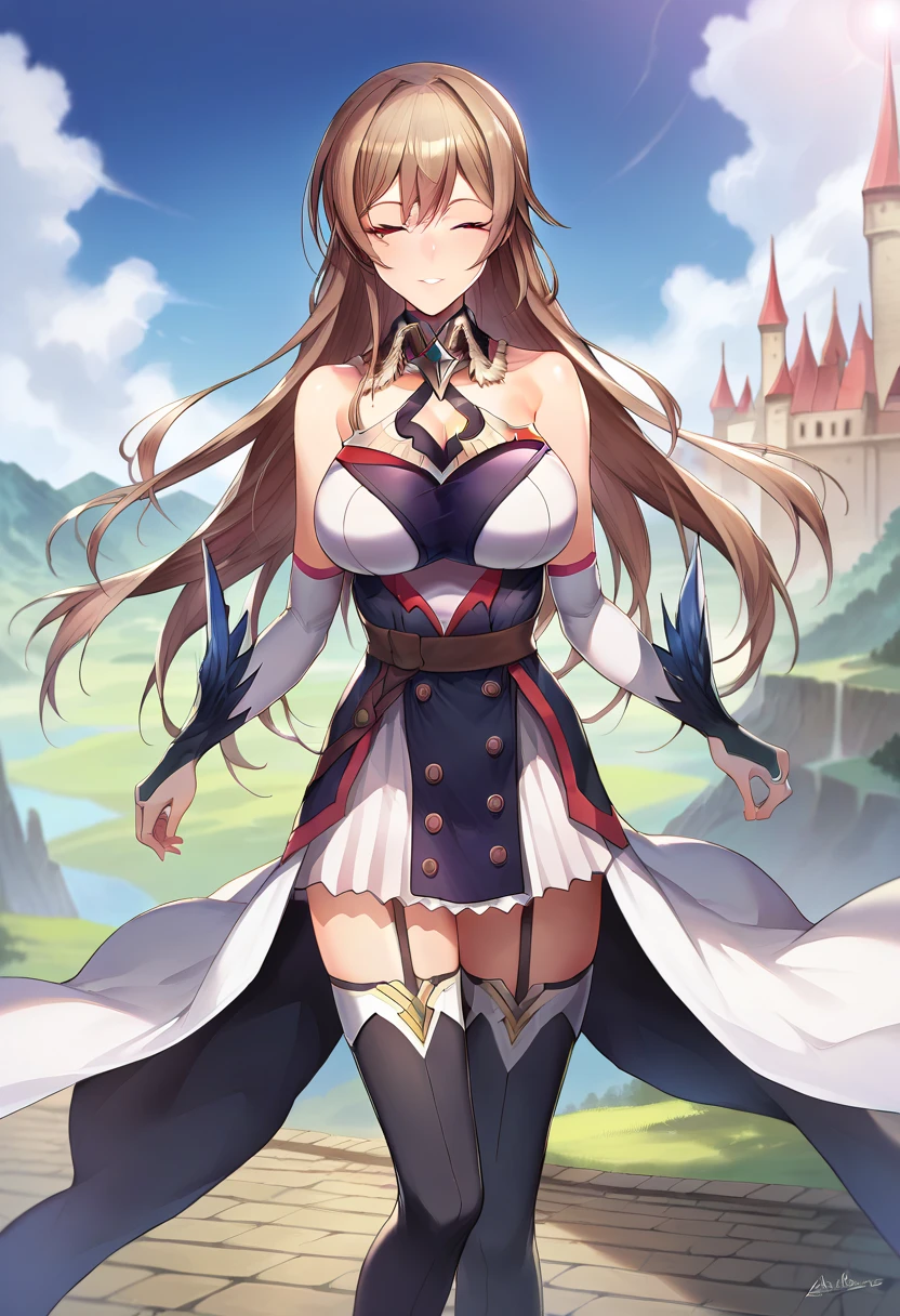 score_9, score_8_up, score_7_up, source_anime,
cinematic, dramatic, blurry background, depth of field, 
1girl, solo, standing, joyful, smile, parted lips, dynamic pose, 
outdoors, fantasy, landscape, castle,  nature,
 frnel, very long hair, bangs, brown hair, red eyes, large eyes,hair between eyes, large breasts, 
1st costume, dress, short dress, detached collar, bare shoulders, detached sleeves,  cleavage, collarbone,  bridal gauntlets, black thighhighs, zettai ryouiki, garter straps, waist cape,closed eyes 