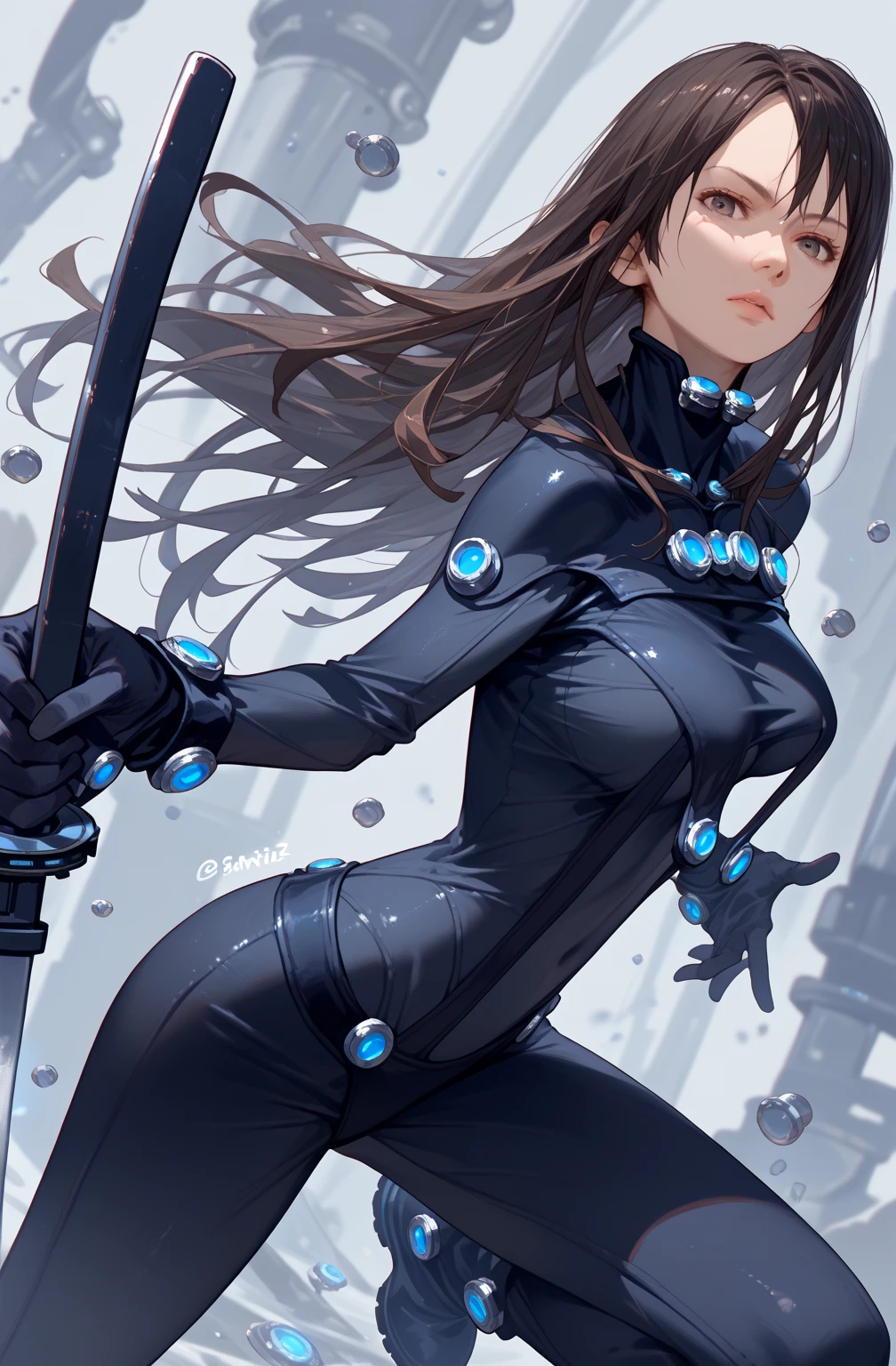 Reika shimohira in gantz costume, bare breasts dynamic pose, dynamic angle holding gantz katana 
