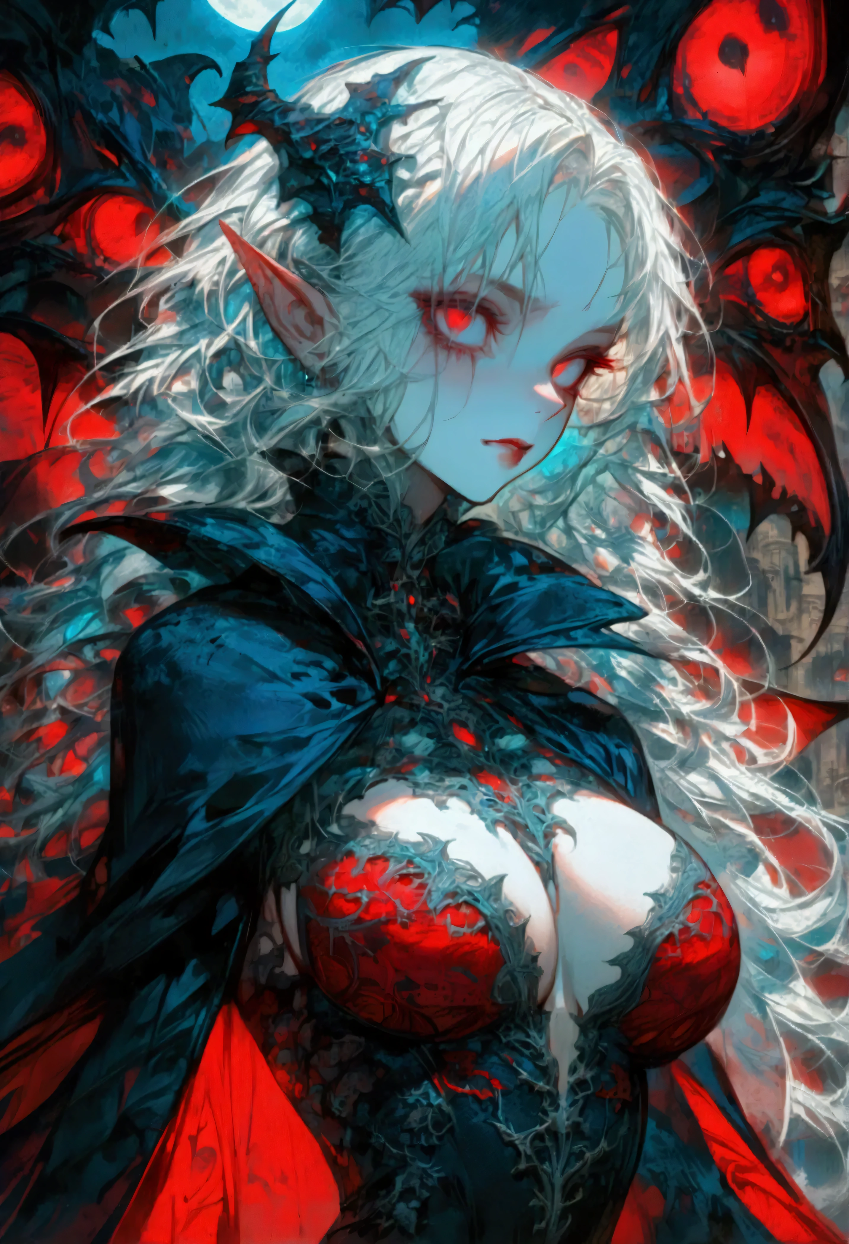 (best quality, masterpiece:1.1),  close up,  looking outside,    standing, thigh gap, (1female), (solo:0.8), (mature),        lovely large breasts,  surprised face,      red eye,   grey hair, medium hair, messy hair,      (green horns, long devil horns), golden wings, (bat wings), succubus, devil, pointy ears, one piece dress, thick fluffy coat, (white background:1.3),