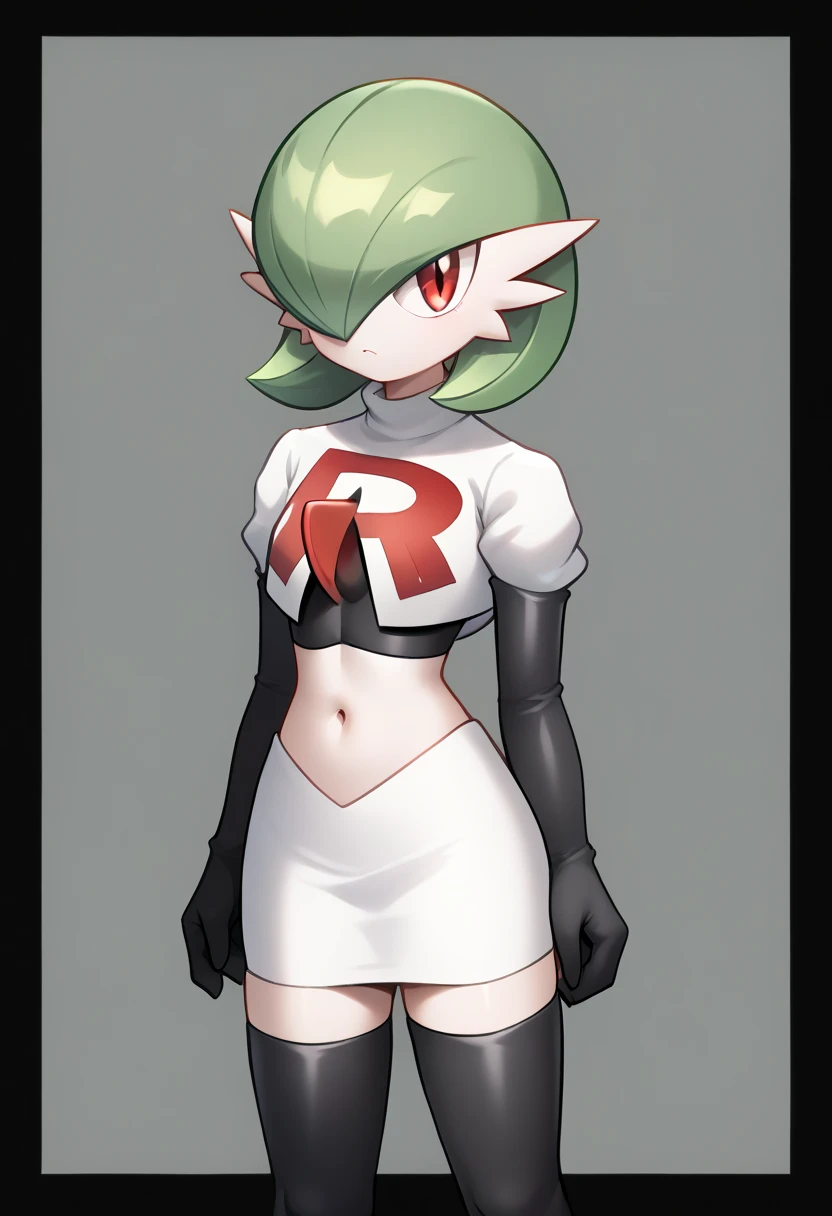 score_9, score_8_up, score_7_up,  ï¼1girl, bob_cut, commentary_request, flat_chest, gardevoir, green_hair, green_skin, hair_over_one_eye, looking_at_viewer, one_eye_covered, partial_commentary, pokemon_\(creature\), red_eyes, short_hair, solo, team rocket,team rocket uniform,white skirt,red letter R,crop top,black thigh-highs,black elbow gloves, two-tone_skin, white_skin,