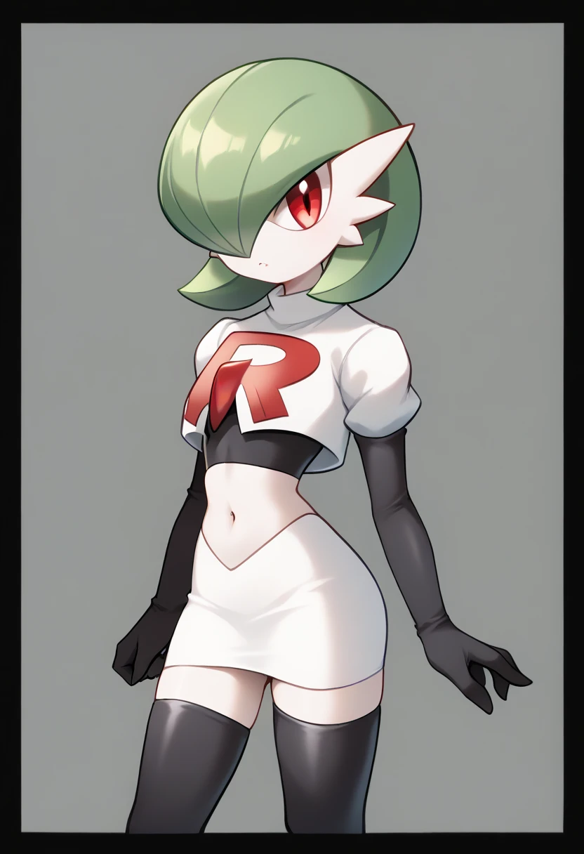 score_9, score_8_up, score_7_up,  ï¼1girl, bob_cut, commentary_request, flat_chest, gardevoir, green_hair, green_skin, hair_over_one_eye, looking_at_viewer, one_eye_covered, partial_commentary, pokemon_\(creature\), red_eyes, short_hair, solo, team rocket,team rocket uniform,white skirt,red letter R,crop top,black thigh-highs,black elbow gloves, two-tone_skin, white_skin,