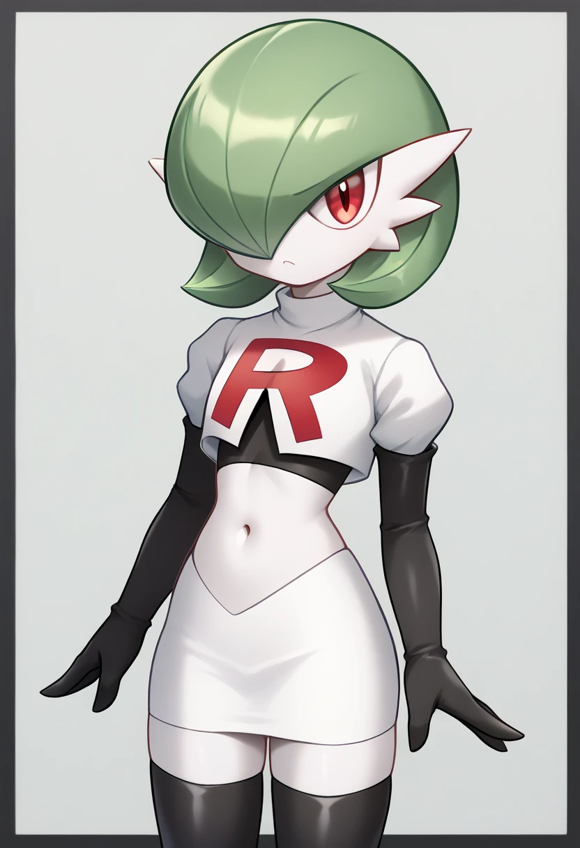 score_9, score_8_up, score_7_up,  ï¼1girl, bob_cut, commentary_request, flat_chest, gardevoir, green_hair, green_skin, hair_over_one_eye, looking_at_viewer, one_eye_covered, partial_commentary, pokemon_\(creature\), red_eyes, short_hair, solo, team rocket,team rocket uniform,white skirt,red letter R,crop top,black thigh-highs,black elbow gloves, two-tone_skin, white_skin,