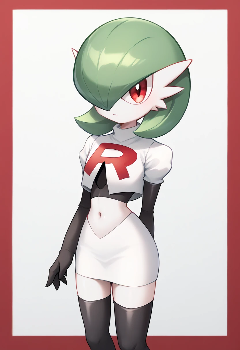 score_9, score_8_up, score_7_up,  ï¼1girl, bob_cut, commentary_request, flat_chest, gardevoir, green_hair, green_skin, hair_over_one_eye, looking_at_viewer, one_eye_covered, partial_commentary, pokemon_\(creature\), red_eyes, short_hair, solo, team rocket,team rocket uniform,white skirt,red letter R,crop top,black thigh-highs,black elbow gloves, two-tone_skin, white_skin,