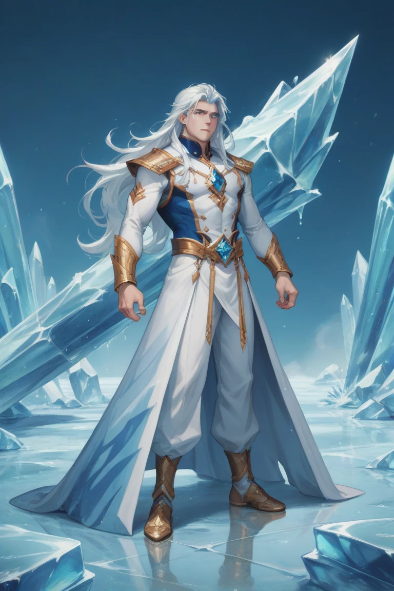 Only a  guy, cold, arrogant,  white long hair ,  blue eyes ,  white hanfu with blue stripes and black accents and gold tames,  full length ,  master of ice and cold , ice management ,  masterpiece fails, epic