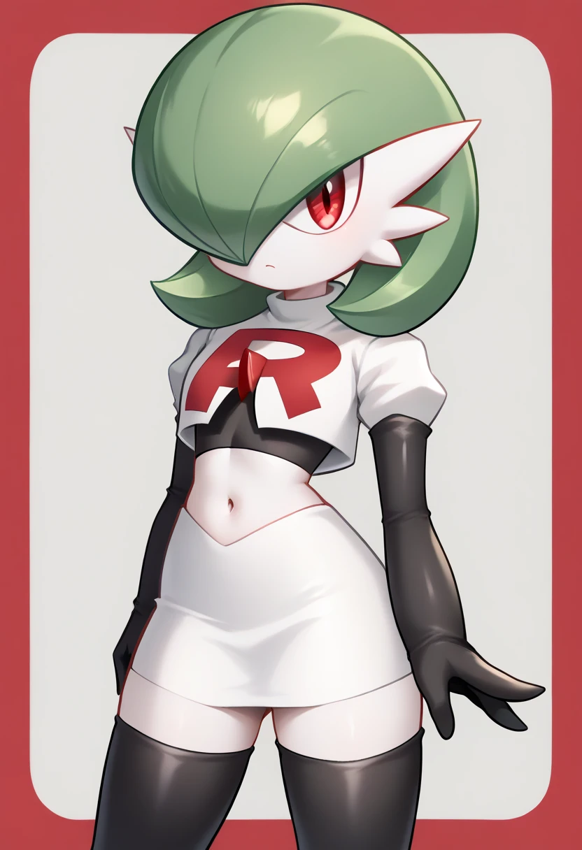 score_9, score_8_up, score_7_up,  ï¼1girl, bob_cut, commentary_request, flat_chest, gardevoir, green_hair, green_skin, hair_over_one_eye, looking_at_viewer, one_eye_covered, partial_commentary, pokemon_\(creature\), red_eyes, short_hair, solo, team rocket,team rocket uniform,white skirt,red letter R,crop top,black thigh-highs,black elbow gloves, two-tone_skin, white_skin,