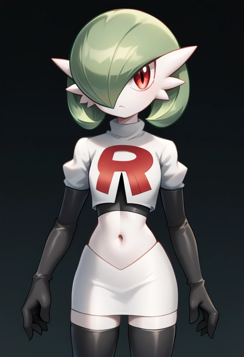 score_9, score_8_up, score_7_up,  ï¼1girl, bob_cut, commentary_request, flat_chest, gardevoir, green_hair, green_skin, hair_over_one_eye, looking_at_viewer, one_eye_covered, partial_commentary, pokemon_\(creature\), red_eyes, short_hair, solo, team rocket,team rocket uniform,white skirt,red letter R,crop top,black thigh-highs,black elbow gloves, two-tone_skin, white_skin,