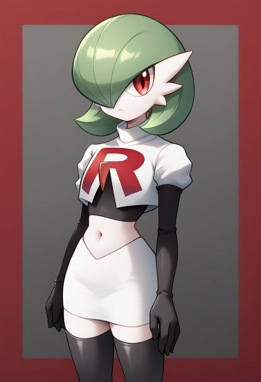 score_9, score_8_up, score_7_up,  ï¼1girl, bob_cut, commentary_request, flat_chest, gardevoir, green_hair, green_skin, hair_over_one_eye, looking_at_viewer, one_eye_covered, partial_commentary, pokemon_\(creature\), red_eyes, short_hair, solo, team rocket,team rocket uniform,white skirt,red letter R,crop top,black thigh-highs,black elbow gloves, two-tone_skin, white_skin,