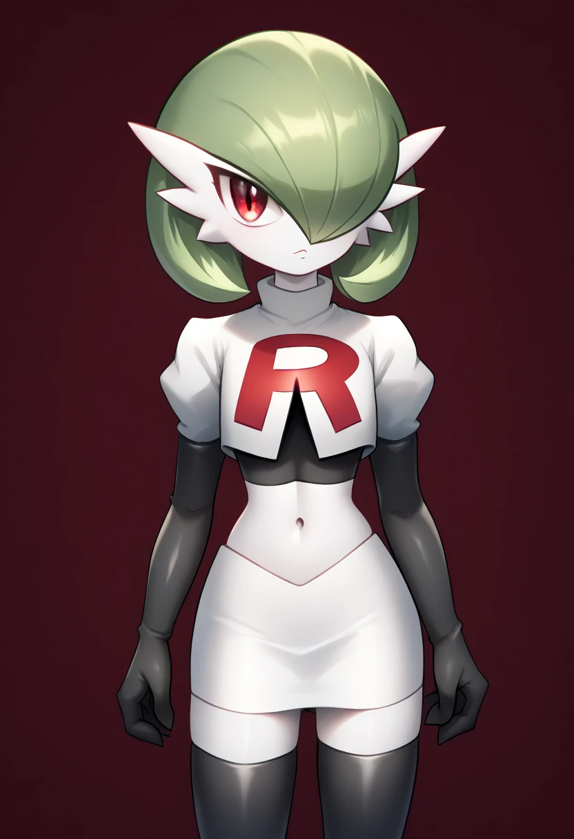 score_9, score_8_up, score_7_up,  ï¼1girl, bob_cut, commentary_request, flat_chest, gardevoir, green_hair, green_skin, hair_over_one_eye, looking_at_viewer, one_eye_covered, partial_commentary, pokemon_\(creature\), red_eyes, short_hair, solo, team rocket,team rocket uniform,white skirt,red letter R,crop top,black thigh-highs,black elbow gloves, two-tone_skin, white_skin,