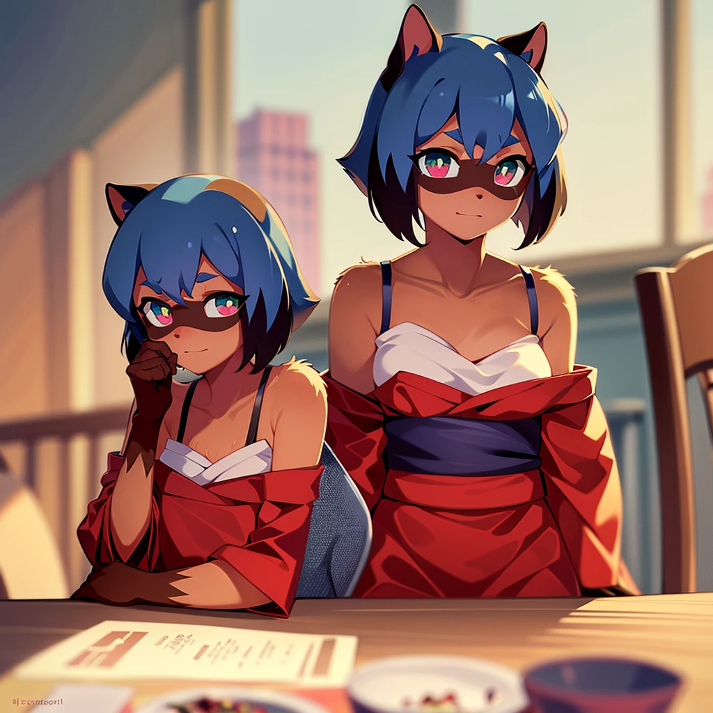 Masterpiece, High quality, High quality of art, best quality, best details, anime artstyle, solo, 1,solo,Michiru Kagemori, Sitting at the table,crafty eyes, red kimono, Bare fluffy shoulders, fluffy fur, fluffy body fur, Relaxed eyebrows, cunning eyes, two-tone hair, multicolored eyes, Sitting at the table, in restaurant, no extra Illumination, Insidious playful eyes, mischievous, Luxury restaurant, sitting at table on sofa 