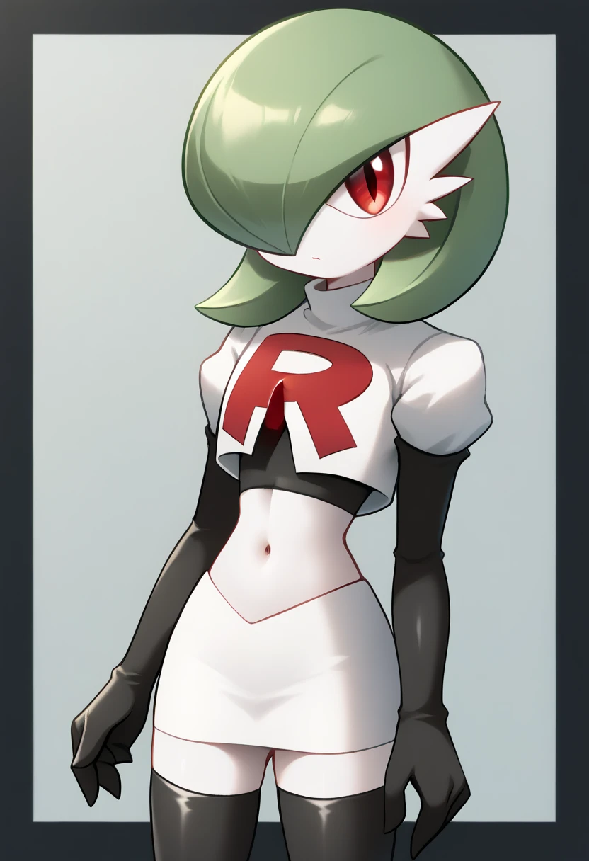 score_9, score_8_up, score_7_up,  ï¼1girl, bob_cut, commentary_request, flat_chest, gardevoir, green_hair, green_skin, hair_over_one_eye, looking_at_viewer, one_eye_covered, partial_commentary, pokemon_\(creature\), red_eyes, short_hair, solo, team rocket,team rocket uniform,white skirt,red letter R,crop top,black thigh-highs,black elbow gloves, two-tone_skin, white_skin,