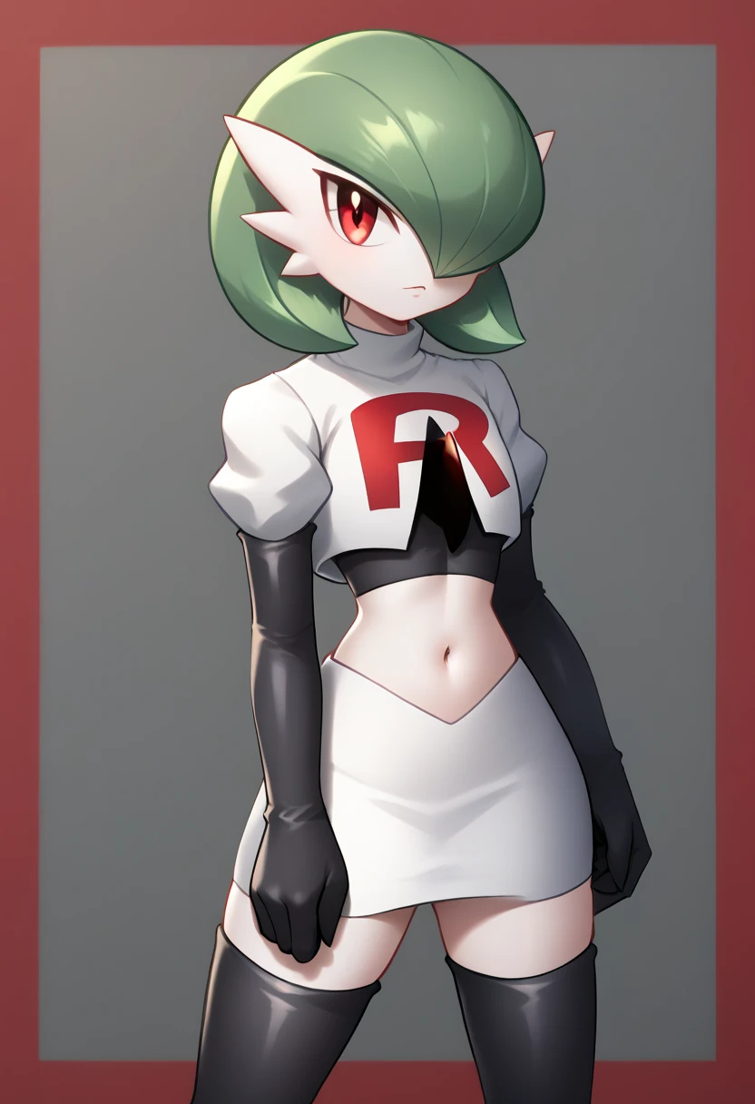 score_9, score_8_up, score_7_up,  ï¼1girl, bob_cut, commentary_request, flat_chest, gardevoir, green_hair, green_skin, hair_over_one_eye, looking_at_viewer, one_eye_covered, partial_commentary, pokemon_\(creature\), red_eyes, short_hair, solo, team rocket,team rocket uniform,white skirt,red letter R,crop top,black thigh-highs,black elbow gloves, two-tone_skin, white_skin,