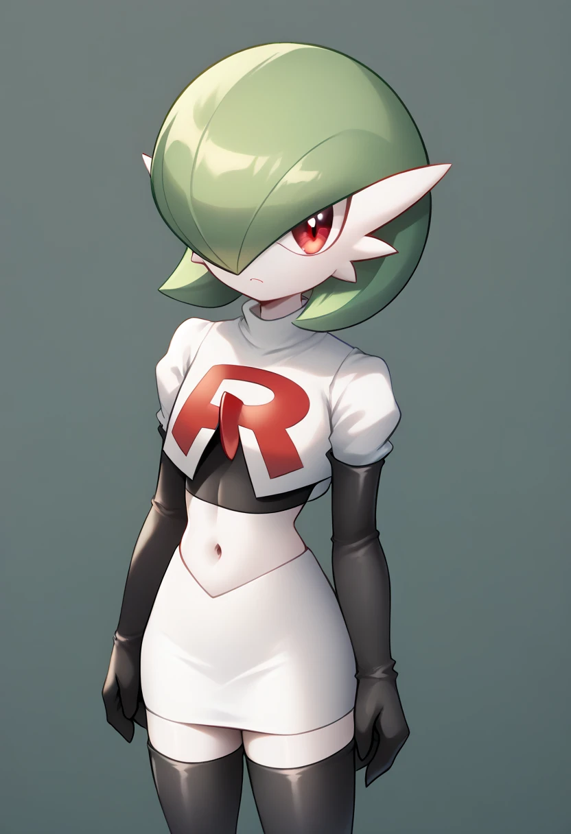 score_9, score_8_up, score_7_up,  ï¼1girl, bob_cut, commentary_request, flat_chest, gardevoir, green_hair, green_skin, hair_over_one_eye, looking_at_viewer, one_eye_covered, partial_commentary, pokemon_\(creature\), red_eyes, short_hair, solo, team rocket,team rocket uniform,white skirt,red letter R,crop top,black thigh-highs,black elbow gloves, two-tone_skin, white_skin,