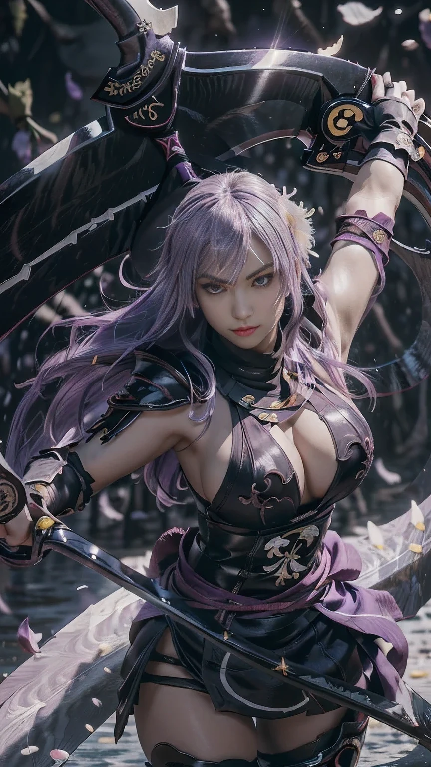 A young Japanese woman , warrior, Combat Stance, ((wielding a huge_weapon
scythe:1.6)), very detailedな, realisti,(seductive smile),(from above, upper body, looking down), Brilliant Appearance , Creative Action, extremely detailed, Imaginative, Sensual, spontaneous , top quality , skin texture, long drill hair ,(swept bangs),((Gunmetal gray hair)), (blue eyes), (mole under eye), toned body, huge breasts,(big breasts:1.6), Big Breasts, plump thighs, (( purple armor with an iris flower pattern engraved )), leather samurai armor knight, bikini type design that emphasizes chest exposure ,((sideboob)), (Wear a purple cloak with an iris flower pattern ), leather skirt, ( purple shin guard with an iris flower pattern engraved ) , Black high-leg underwear , White tights, absolute domain, Intricate Details , ((Rainy Sky )),((Above the water lake )), ((irises petals background:1.3)), ((irises petals:1.3)), ((irises petals dancing in the wind:1.3)),(Purple irises in full bloom ),(前面にPurple irises in full bloom ), (confetti), RAW photos , 8k, masterpiece, top quality , ultra detail showing the cathedral, very detailed, Intricate Details , high res,超 Intricate Details, very detailed 8k cg wallpaper,
