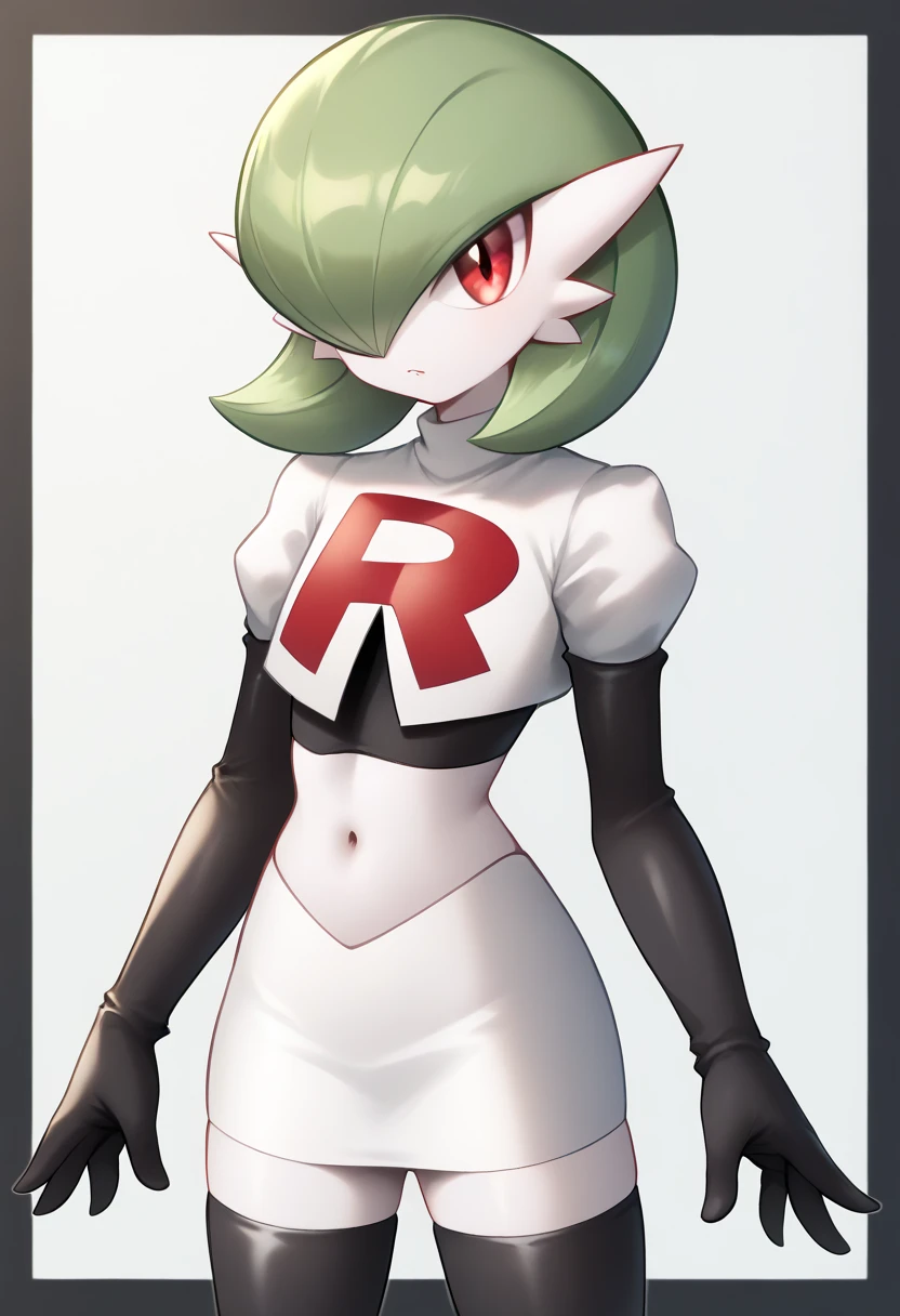 score_9, score_8_up, score_7_up,  ï¼1girl, bob_cut, commentary_request, flat_chest, gardevoir, green_hair, green_skin, hair_over_one_eye, looking_at_viewer, one_eye_covered, partial_commentary, pokemon_\(creature\), red_eyes, short_hair, solo, team rocket,team rocket uniform,white skirt,red letter R,crop top,black thigh-highs,black elbow gloves, two-tone_skin, white_skin,