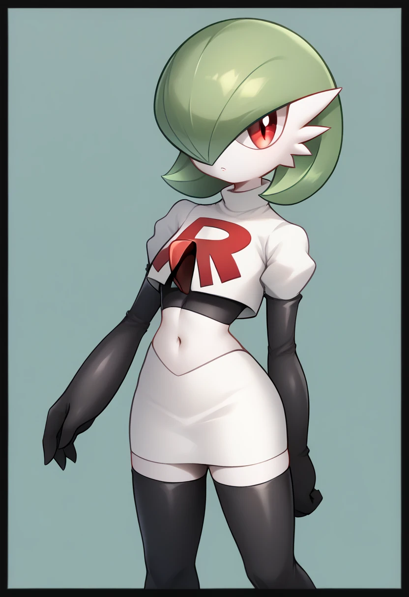 score_9, score_8_up, score_7_up,  ï¼1girl, bob_cut, commentary_request, flat_chest, gardevoir, green_hair, green_skin, hair_over_one_eye, looking_at_viewer, one_eye_covered, partial_commentary, pokemon_\(creature\), red_eyes, short_hair, solo, team rocket,team rocket uniform,white skirt,red letter R,crop top,black thigh-highs,black elbow gloves, two-tone_skin, white_skin,