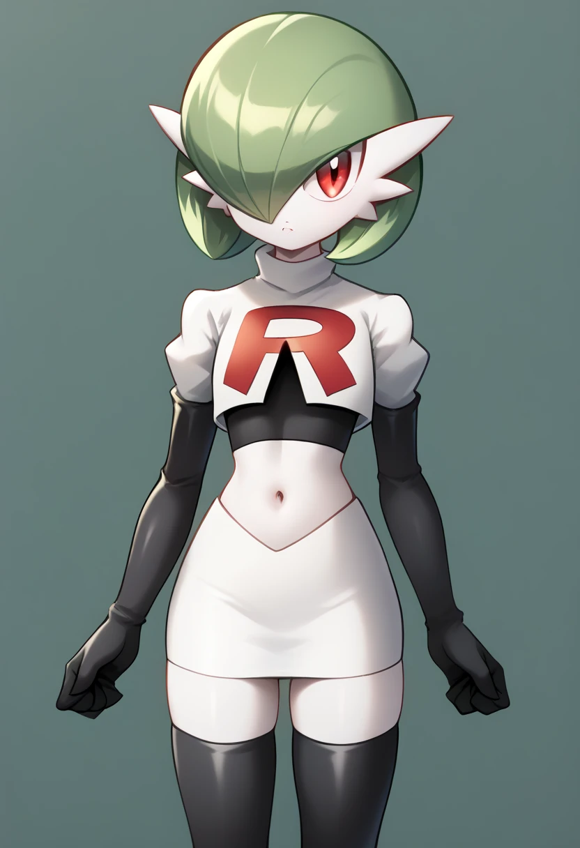 score_9, score_8_up, score_7_up,  ï¼1girl, bob_cut, commentary_request, flat_chest, gardevoir, green_hair, green_skin, hair_over_one_eye, looking_at_viewer, one_eye_covered, partial_commentary, pokemon_\(creature\), red_eyes, short_hair, solo, team rocket,team rocket uniform,white skirt,red letter R,crop top,black thigh-highs,black elbow gloves, two-tone_skin, white_skin,