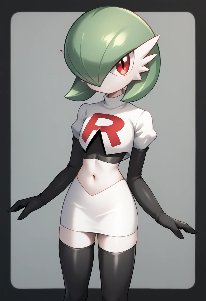 score_9, score_8_up, score_7_up,  ï¼1girl, bob_cut, commentary_request, flat_chest, gardevoir, green_hair, green_skin, hair_over_one_eye, looking_at_viewer, one_eye_covered, partial_commentary, pokemon_\(creature\), red_eyes, short_hair, solo, team rocket,team rocket uniform,white skirt,red letter R,crop top,black thigh-highs,black elbow gloves, two-tone_skin, white_skin,