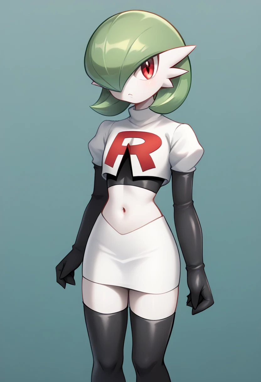 score_9, score_8_up, score_7_up,  ï¼1girl, bob_cut, commentary_request, flat_chest, gardevoir, green_hair, green_skin, hair_over_one_eye, looking_at_viewer, one_eye_covered, partial_commentary, pokemon_\(creature\), red_eyes, short_hair, solo, team rocket,team rocket uniform,white skirt,red letter R,crop top,black thigh-highs,black elbow gloves, two-tone_skin, white_skin,