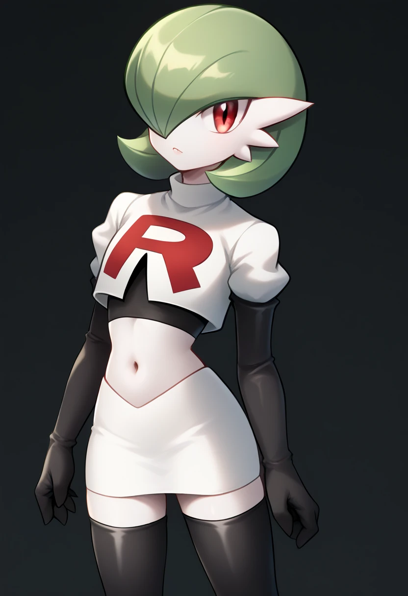 score_9, score_8_up, score_7_up,  ï¼1girl, bob_cut, commentary_request, flat_chest, gardevoir, green_hair, green_skin, hair_over_one_eye, looking_at_viewer, one_eye_covered, partial_commentary, pokemon_\(creature\), red_eyes, short_hair, solo, team rocket,team rocket uniform,white skirt,red letter R,crop top,black thigh-highs,black elbow gloves, two-tone_skin, white_skin,