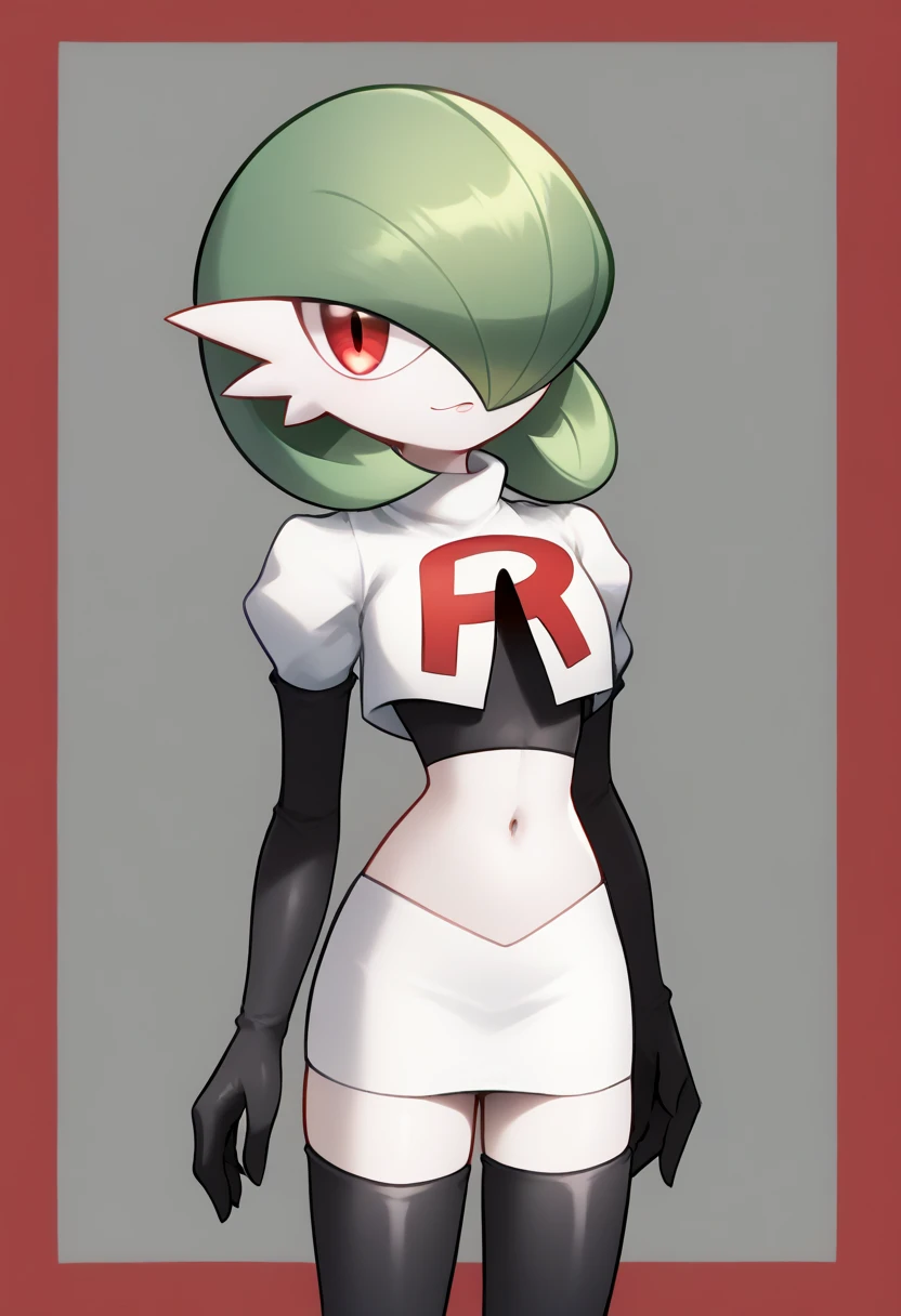 score_9, score_8_up, score_7_up,  ï¼1girl, bob_cut, commentary_request, flat_chest, gardevoir, green_hair, green_skin, hair_over_one_eye, looking_at_viewer, one_eye_covered, partial_commentary, pokemon_\(creature\), red_eyes, short_hair, solo, team rocket,team rocket uniform,white skirt,red letter R,crop top,black thigh-highs,black elbow gloves, two-tone_skin, white_skin,