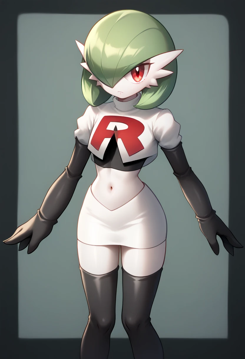 score_9, score_8_up, score_7_up,  ï¼1girl, bob_cut, commentary_request, flat_chest, gardevoir, green_hair, green_skin, hair_over_one_eye, looking_at_viewer, one_eye_covered, partial_commentary, pokemon_\(creature\), red_eyes, short_hair, solo, team rocket,team rocket uniform,white skirt,red letter R,crop top,black thigh-highs,black elbow gloves, two-tone_skin, white_skin,