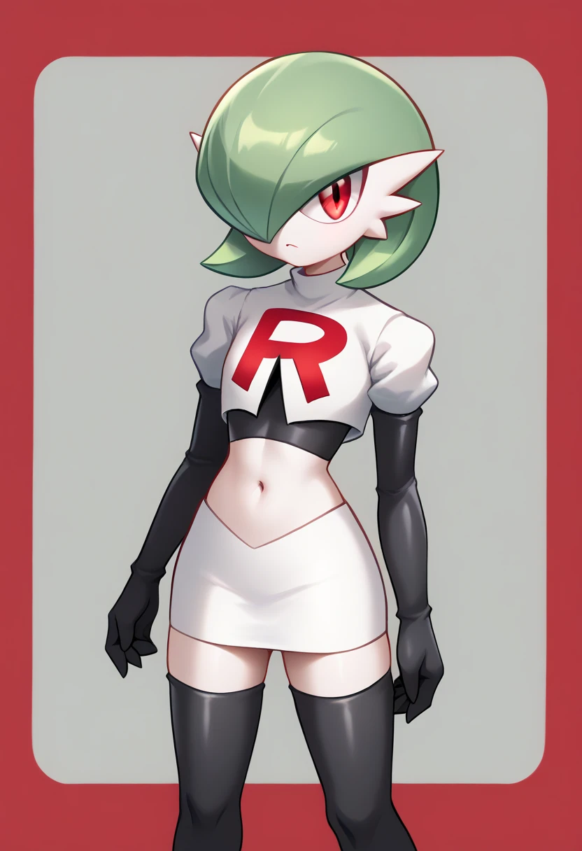 score_9, score_8_up, score_7_up,  ï¼1girl, bob_cut, commentary_request, flat_chest, gardevoir, green_hair, green_skin, hair_over_one_eye, looking_at_viewer, one_eye_covered, partial_commentary, pokemon_\(creature\), red_eyes, short_hair, solo, team rocket,team rocket uniform,white skirt,red letter R,crop top,black thigh-highs,black elbow gloves, two-tone_skin, white_skin,