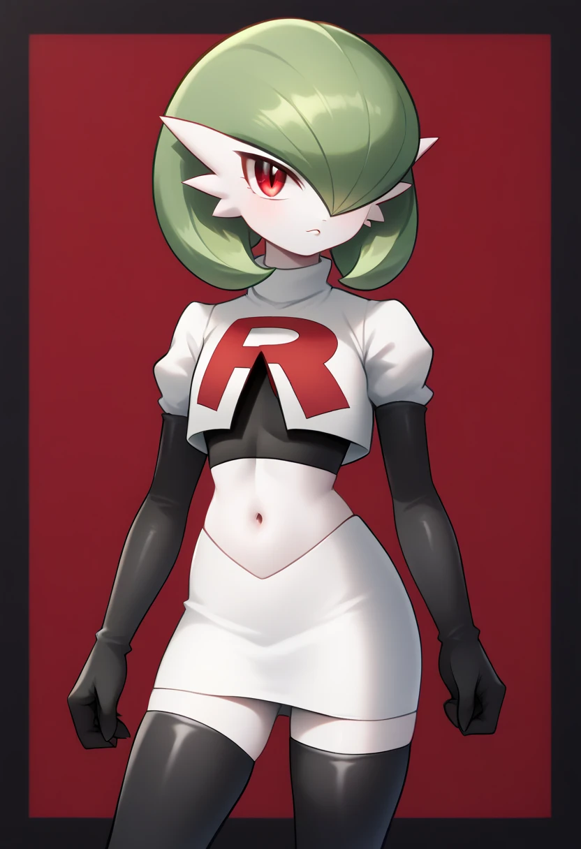 score_9, score_8_up, score_7_up,  ï¼1girl, bob_cut, commentary_request, flat_chest, gardevoir, green_hair, green_skin, hair_over_one_eye, looking_at_viewer, one_eye_covered, partial_commentary, pokemon_\(creature\), red_eyes, short_hair, solo, team rocket,team rocket uniform,white skirt,red letter R,crop top,black thigh-highs,black elbow gloves, two-tone_skin, white_skin,