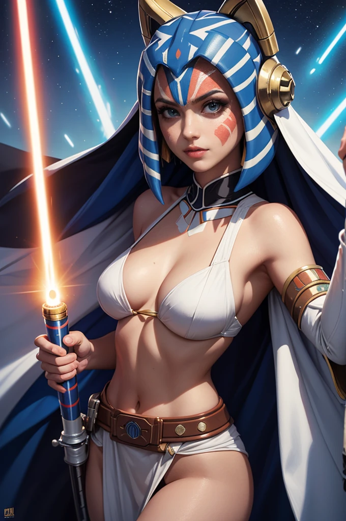 (super detailed, highest resolution , masterpiece fails:1.2),brightly colored five Ahsoka, naked , Star Wars universe, with her vibrant montrals and lekku with blue and white patterns.. her radiant and determined expression, as she wields dual white lightsabers.. five Ahsoka',naked boobs(((a woman sits across the table from her and looks confused, why does she have cum on her face ))), (((she trying to enjoy her food until a random man naked release cum on face))), ((( male penis flows out , cum flowing ))) cum on face,, with detailed texture and flowing drapery. the scene takes place against a dramatic starry sky with a futuristic city., highlighting her skill and grace as a Jedi. The lighting creates a soft, ethereal glow ., illuminating her surroundings with a touch of mysticism. the overall art style is a seamless blend of photorealism and concept art., capture the essence of five Ahsoka'character and the iconic Star Wars universe.