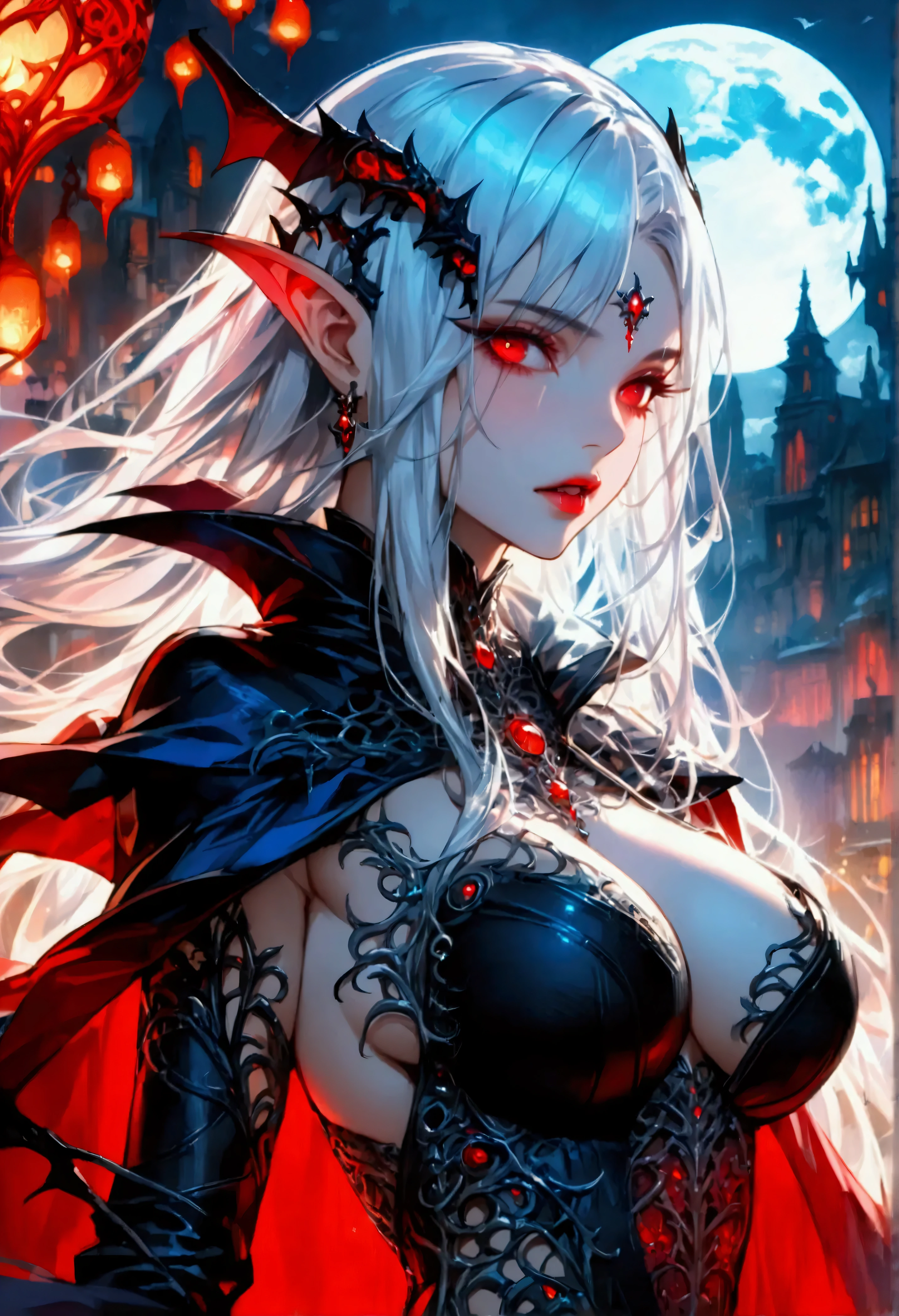 anime comic illustration fantasy art, gothic art, (masterpiece:1.5), full body best details, highly detailed, best quality, Glowing Red, highres, full body portrait of a vampire, elf (Masterpiece, best quality: 1.6), ultra feminine, with a long curvy hair, silver hair, red eyes, busty, ((beautiful delicate face)), Ultra Detailed Face (intricate details, fantasy art, Masterpiece, best quality: 1.5), ((vampiric fangs 1.5)) (blue cloak: 1.3) , flowing cloak (intricate details, fantasy art, Masterpiece, best quality: 1.3), wearing an intricate (red: 1.4) intricate leather dress (intricate details, fantasy art, Masterpiece, best quality: 1.5), high heeled boots, fantasy urban background (intense details, beat details), fantasy, at night light, natural ,moon light, clouds, gothic atmosphere, soft light, dynamic light, [[anatomically correct]], high details, best quality, 8k, [ultra detailed], masterpiece, best quality, (extremely detailed), dynamic angle, rpg portrait, photograph