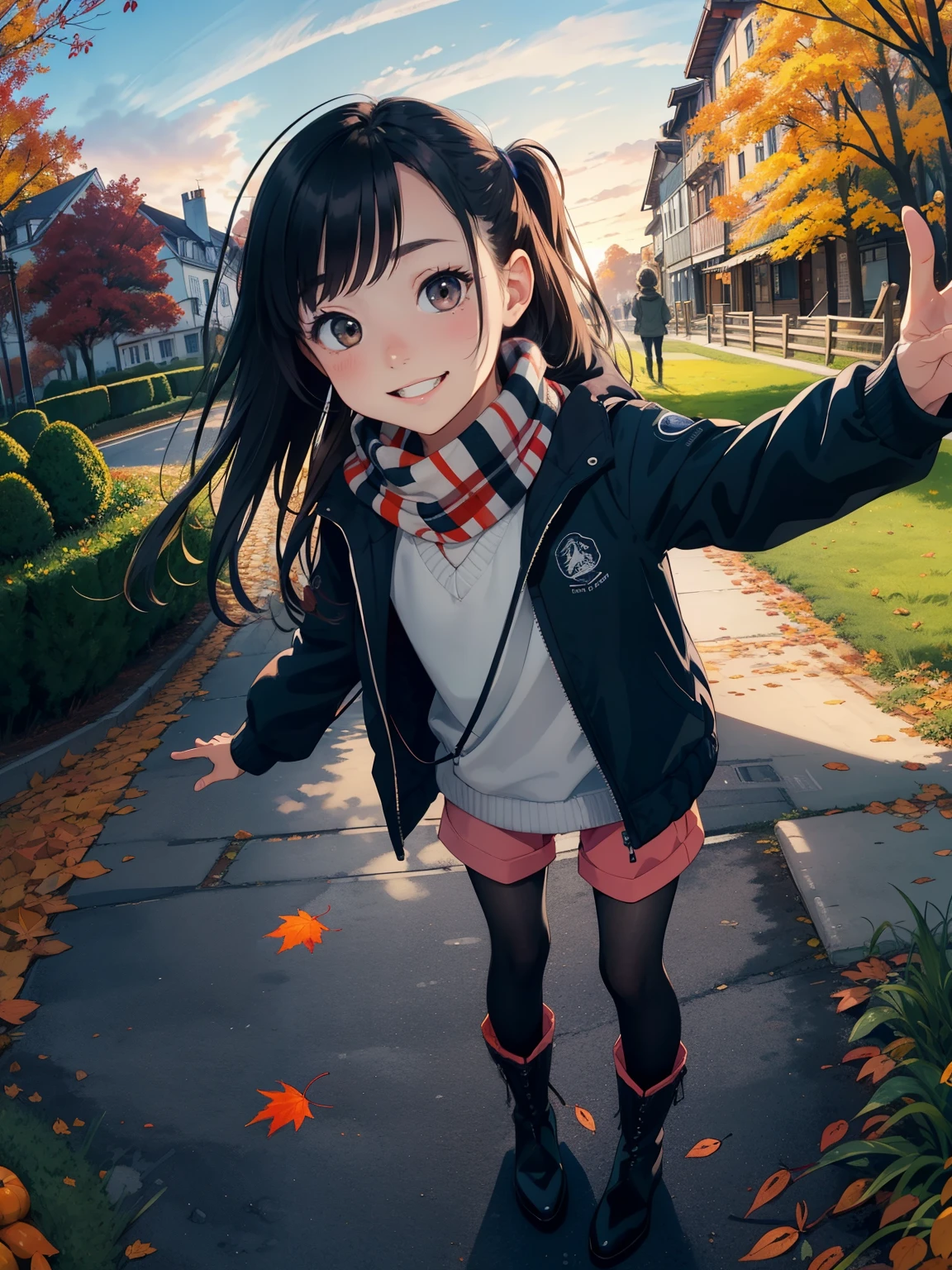 masterpiece ， top quality，  high image quality，(  super flat  ，  flat shading pointing at blackboard )， beautiful dark hair， fisheye lens，Cute petite trained young mother and very cute  in training :1.25， warm scarf  ， Long Sleeve Sailor Suit ， Down Jacket，(naked)，  long hair，  boots，smile, smile， White Breath，fun, play，Autumn park garden，  fallen leaves 　Autumn sky， ローストしたSweet potatoが入った紙袋を持っている ，Sweet potato，At dusk，Beautiful sunset，Wide angle， bright color ，watercolor,  Ghibli style，Strong winds ， Girl Temptation， girl&#39;Lure，