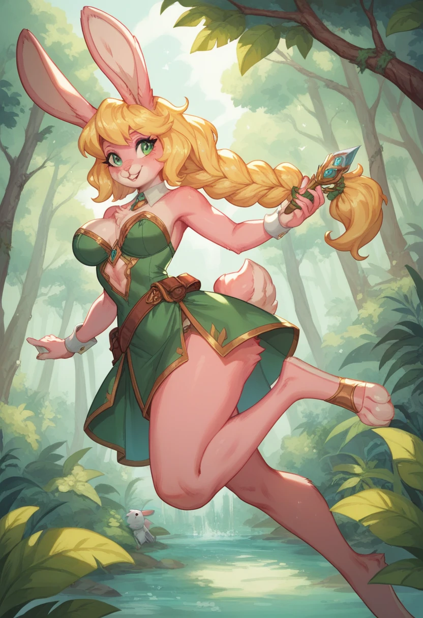 Lyca clothing (AFK Arena), rabbit, pastel yellow hair, character, girl, forest, pink fur, tall, jungle green eye color, pink fur, pink skin, white female medieval ranger dress, anthropomorphic, rabbit feet, double d size breasts, fishtail braid hairstyle, long hair