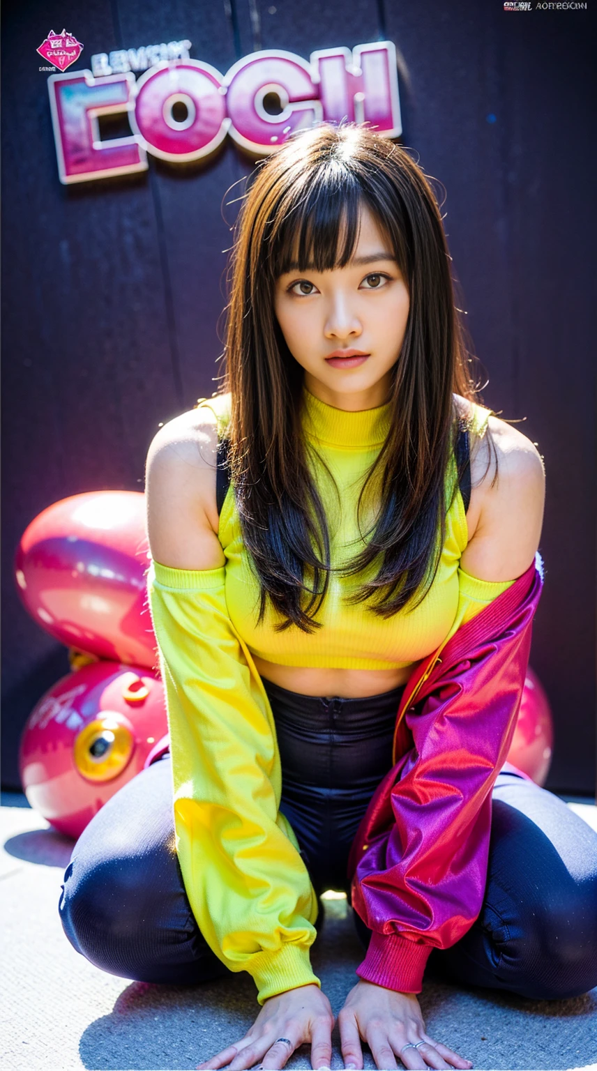 Browsing Caution, (16K、RAW Photos, Highest quality, masterpiece)、(Actual photo)、Highest quality、score_9,score_8_superior,score_7_superior,8k(close:1.2) , (View your viewers:1.3), (Place your hands behind your head:1.2), Place your knees together and spread your legs, Sitting, panties, Panty shot, (Yellow half-up hairstyle:1.2), Simple dark background,