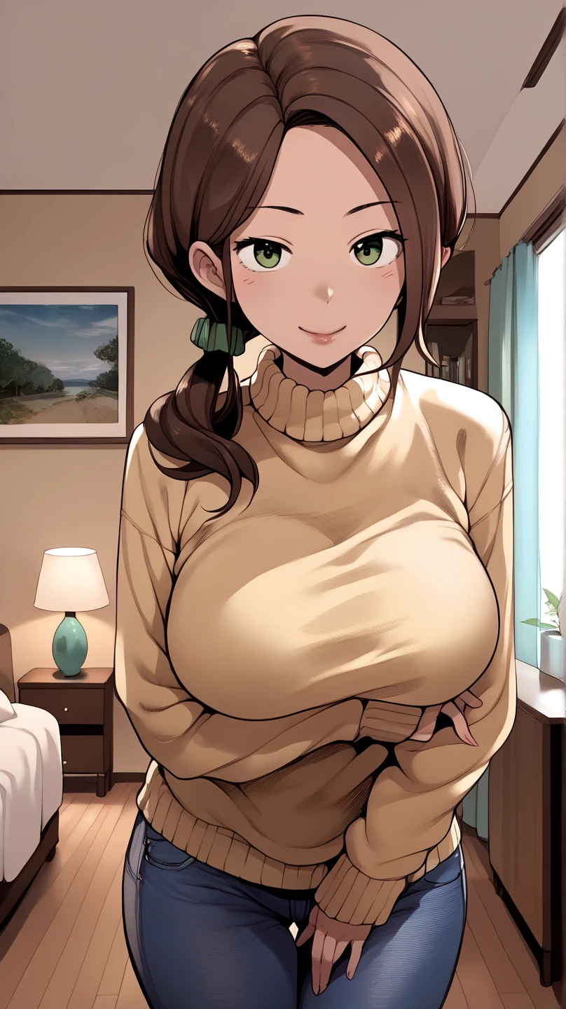 mori_kaede_\(terasu_mc\), brown hair, green eyes, side front ponytail, large breasts, lips, crotch, thighs, yellow sweater, blue jeans, smiling, pov, living room background