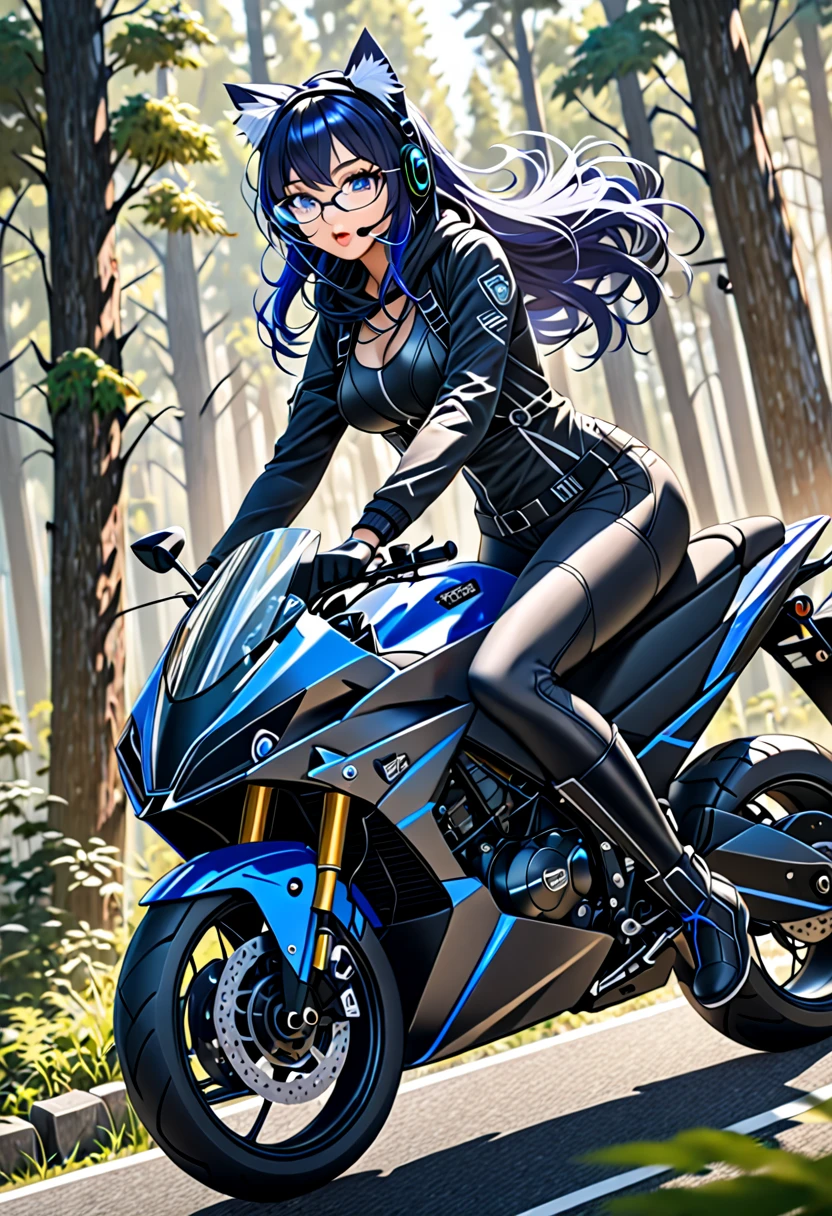 8K Ultra High-Quality, ultra-detailed, High quality, dark blue hair, long hair, cat ears, headset, glasses, gloves, black hoodie, body harness, spandex pants, boots, full body, close up, side view, sports motorcycle, motorcycle, riding pose, clothes flowing in the wind, forest background