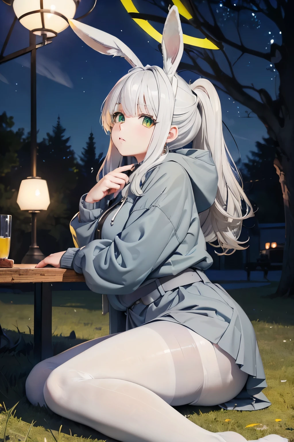 (((fat legs))), ((perfect eyes)), (finely detailed eyes and detailed face:1.3), (extremely fine and beautiful:1.1), (Perfect details:1.1), (Omagari Hare), Blue Archive, (black, yellow halo), green eyes, earings, 1 girl, (sitting), blue hoodie, belt, ((grey glossy pantyhose)), mini skirt, ponytail, (white hair:1.4), (((outdoor))) side view, summer evening, floor lamp