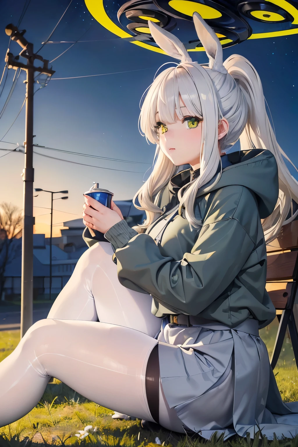 (((fat legs))), ((perfect eyes)), (finely detailed eyes and detailed face:1.3), (extremely fine and beautiful:1.1), (Perfect details:1.1), (Omagari Hare), Blue Archive, (black, yellow halo), green eyes, earings, 1 girl, (sitting), blue hoodie, belt, ((grey glossy pantyhose)), mini skirt, ponytail, (white hair:1.4), (((outdoor))) side view, summer evening, floor lamp