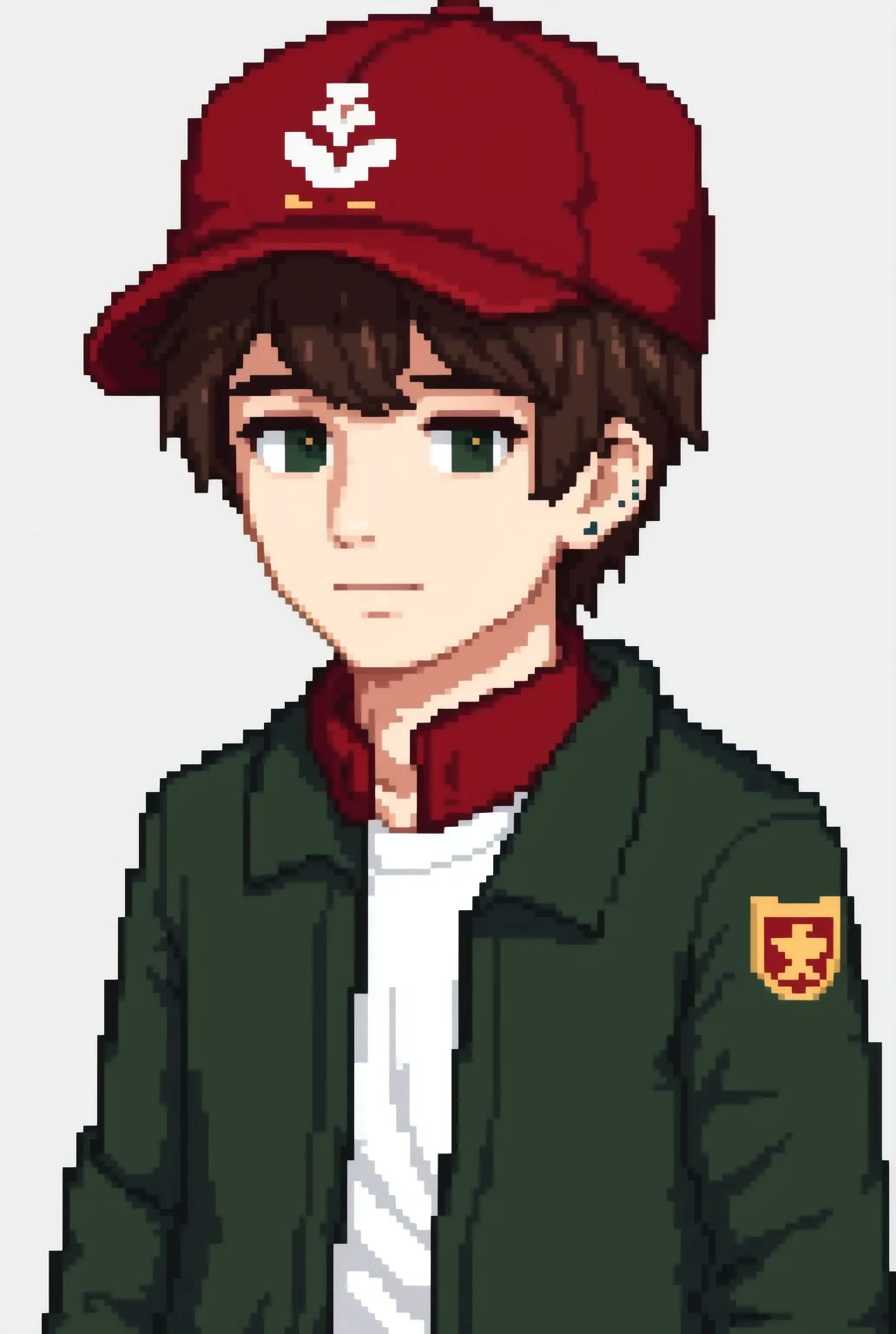  masterpiece ,  best quality,  boy, Red cap covering the ears, white shirt, Green Jacket