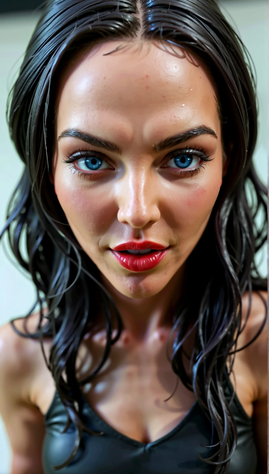 a woman with blue eyes and a black top is making a face, with haunted eyes and dark hair, evil smile and glowing eyes, evil woman, intense demonic look in the eyes, portrait of megan fox as demon, eerie glowing eyes, scary look, animatronic angelina jolie, blue symmetric eyes 24yo, horror symmetrical face, scary eyes
2
a woman with blue eyes and a black top is making a face, digital art by Jason Felix, reddit, digital art, with haunted eyes and dark hair, evil smile and glowing eyes, evil woman, intense demonic look in the eyes, portrait of megan fox as demon, eerie glowing eyes, scary look, animatronic angelina jolie very strong maximum ultra Hypnotic eye contact very horny whore impudent woman very crazy dangerous lustful laughter smile, makes the man cum with her lustful gaze her nose is huge, fleshy and thick, the tip of the nose is thick and wide, she has a big mouth, big thick lips, fiery horny Whore shakes her long hanging tongue shakes her huge breasts, turns her eyes into hypnosis and seduces every man and makes him cum