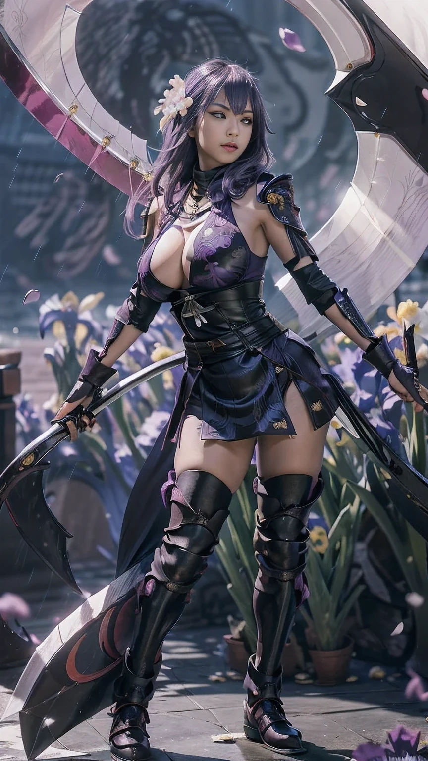 A young Japanese woman , warrior, Combat Stance, ((wielding a huge_weapon
scythe:1.6)), very detailedな, realisti,(seductive smile),((full body:1.3)), Brilliant Appearance , Creative Action, extremely detailed, Imaginative, Sensual, spontaneous , top quality , skin texture, long drill hair ,(swept bangs),((Gunmetal gray hair)), (blue eyes), (mole under eye), toned body, huge breasts,(big breasts:1.6), Big Breasts, plump thighs, (( purple armor with an iris flower pattern engraved )), leather samurai armor knight, bikini type design that emphasizes chest exposure ,((sideboob)), (Wear a purple cloak with an iris flower pattern ), leather skirt, ( purple shin guard with an iris flower pattern engraved ) , Black high-leg underwear , White tights, absolute domain, Intricate Details , ((Rainy Sky )),((Above the water lake )), ((irises petals background:1.3)), ((irises petals:1.3)), ((irises petals dancing in the wind:1.3)),(Purple irises in full bloom ),(前面にPurple irises in full bloom ), (confetti), RAW photos , 8k, masterpiece, top quality , ultra detail showing the cathedral, very detailed, Intricate Details , high res,超 Intricate Details, very detailed 8k cg wallpaper,