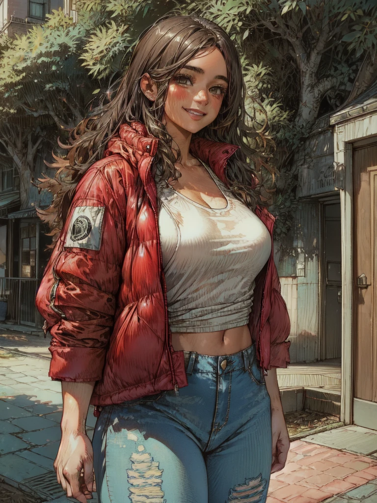 a gorgeous brunette woman (Cristy Ren),, masterpiece, best quality, (photorealistic:1.4), (RED SOFT PUFFER JACKET:1.25), (white tank top:1.1), (blue ripped jeans:1.2), background posing in Amsterdam, red light district Amsterdam, green trees, beautiful flowers, sunny day, cinematic light, beautiful woman, skinny, straight brown hair, detailed face, smile, facing the camera, photo taken from a distance