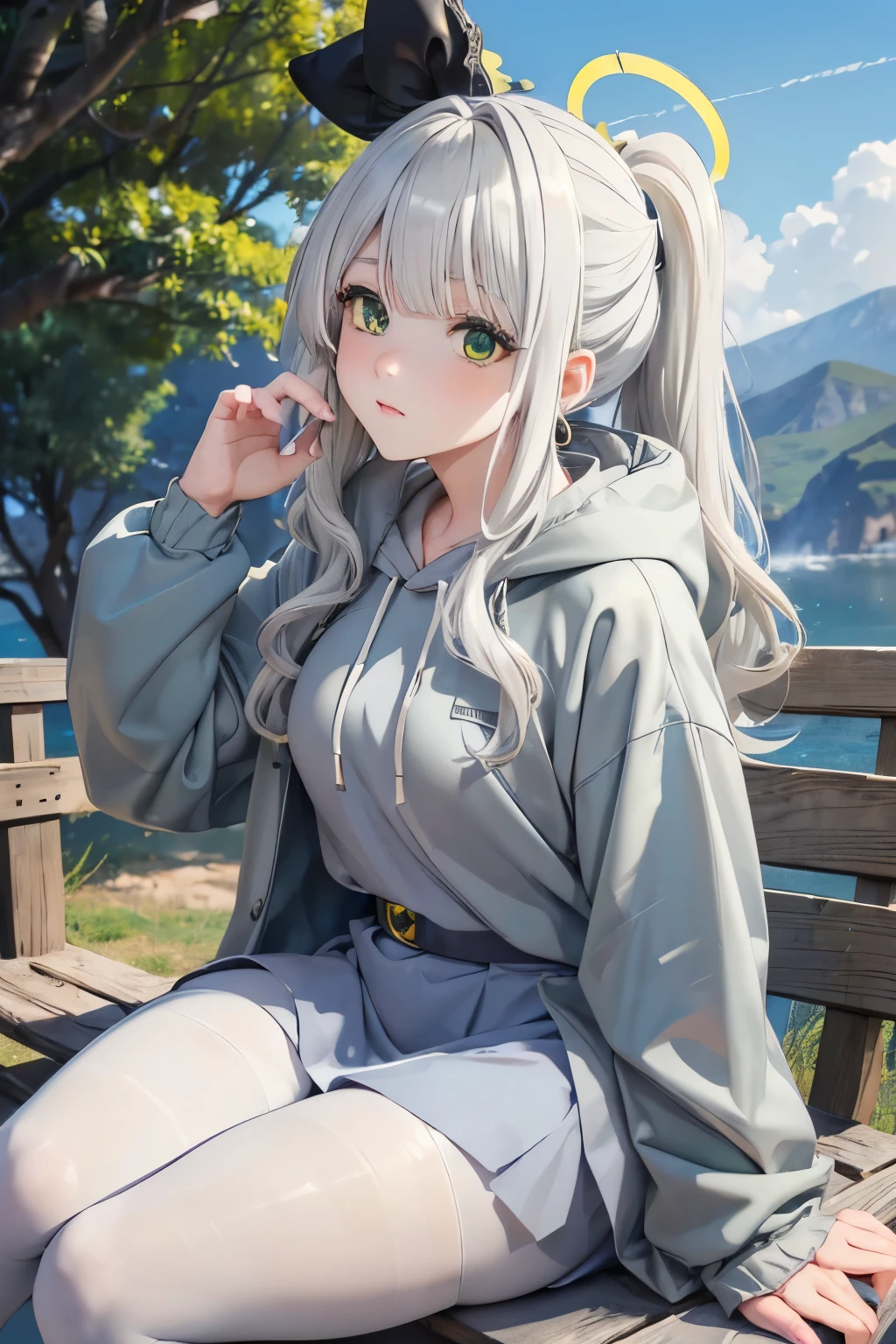 (((fat legs))), ((perfect eyes)), (finely detailed eyes and detailed face:1.3), (extremely fine and beautiful:1.1), (Perfect details:1.1), (Omagari Hare), Blue Archive, (black, yellow halo), green eyes, earings, 1 girl, (sitting), blue hoodie, belt, ((grey glossy pantyhose)), mini skirt, ponytail, (white hair:1.4), (((outdoor))) side view, summer evening,