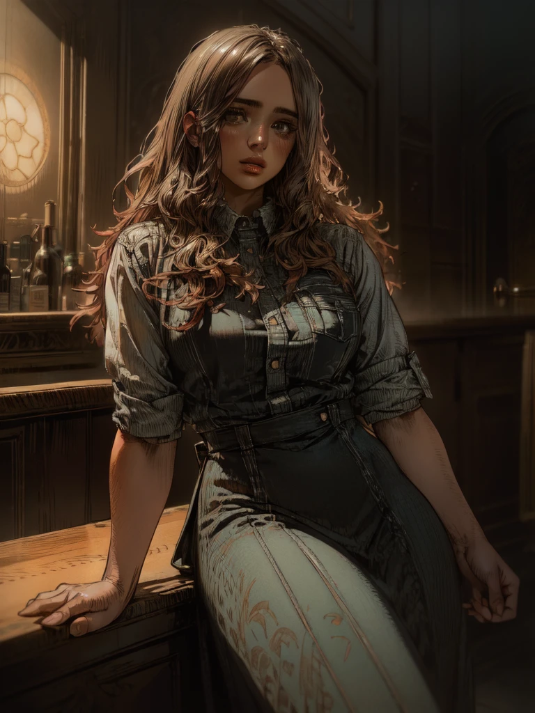 1 female bartender at an elegant gentleman's club, beautiful detailed eyes, beautiful detailed lips, extremely detailed face and hair, bartender uniform, fancy bar counter, dimly lit lounge, neon sign, moody lighting, cinematic composition, photorealistic, hyper detailed, (best quality,8k,highres,masterpiece:1.2),ultra-detailed,(realistic,photorealistic,photo-realistic:1.37),cinematic lighting,dramatic shadows,warm color tones,chiaroscuro