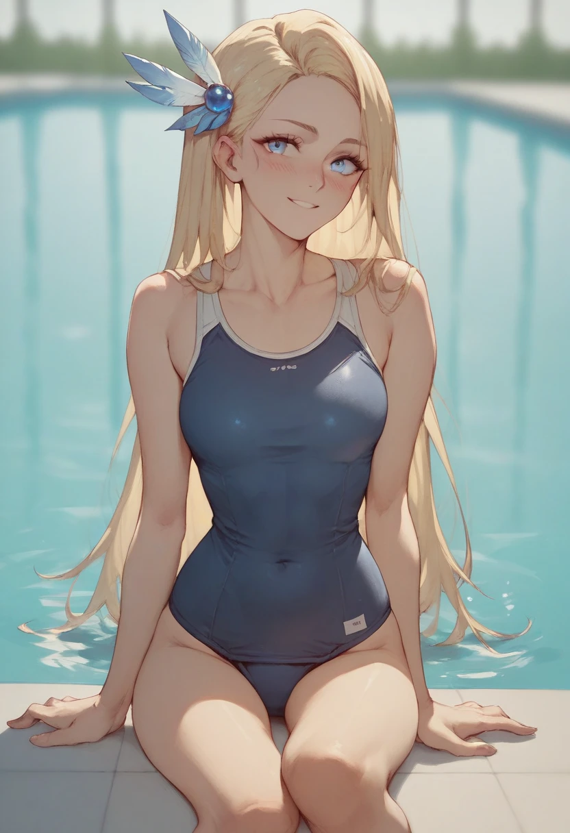 Browsing Caution,Only one person,(Petite),((One cute boy)),((Groin bulge)),seiza,Blonde woman with low pigtails,lips,Sweat,White Breath,Swimwear,The gaze of the viewer,A begging expression,Showing his erect penis to the viewers,