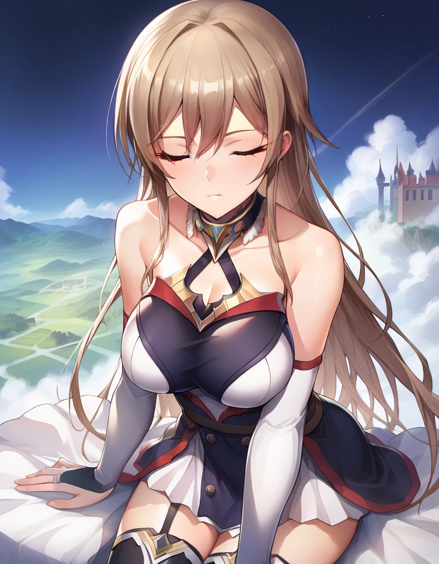 score_9, score_8_up, score_7_up, source_anime,
cinematic, dramatic,
1girl, solo, joyful, parted lips, fantasy, landscape,
 frnel, very long hair, bangs, brown hair, red eyes, large eyes,hair between eyes, large breasts, 
1st costume, dress, short dress, detached collar, bare shoulders, detached sleeves,  cleavage, collarbone,  bridal gauntlets, black thighhighs, zettai ryouiki, garter straps, waist cape,closed eyes ,closed mouth ,sitting on the chair in castle chamber