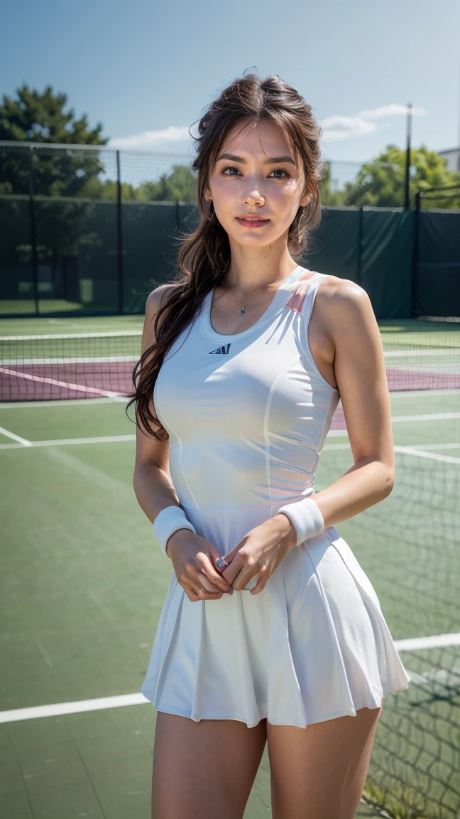 beautiful detailed eyes, beautiful detailed lips, extremely detailed eyes and face, long eyelashes, 1 girl, 18 years old, healthy thighs, beautiful legs, beautiful skin, random hair color, random hairstyle, large breasts, female tennis player, (tennis outfit:1.3), (she is standing:1.2), full body shot, shoes, (best quality,8k,ultra-detailed,masterpiece:1.3),realistic,photorealistic,photo-realistic:1.37,ultra-fine painting, vivid colors, physically-based rendering, professional, Kana Kurashina