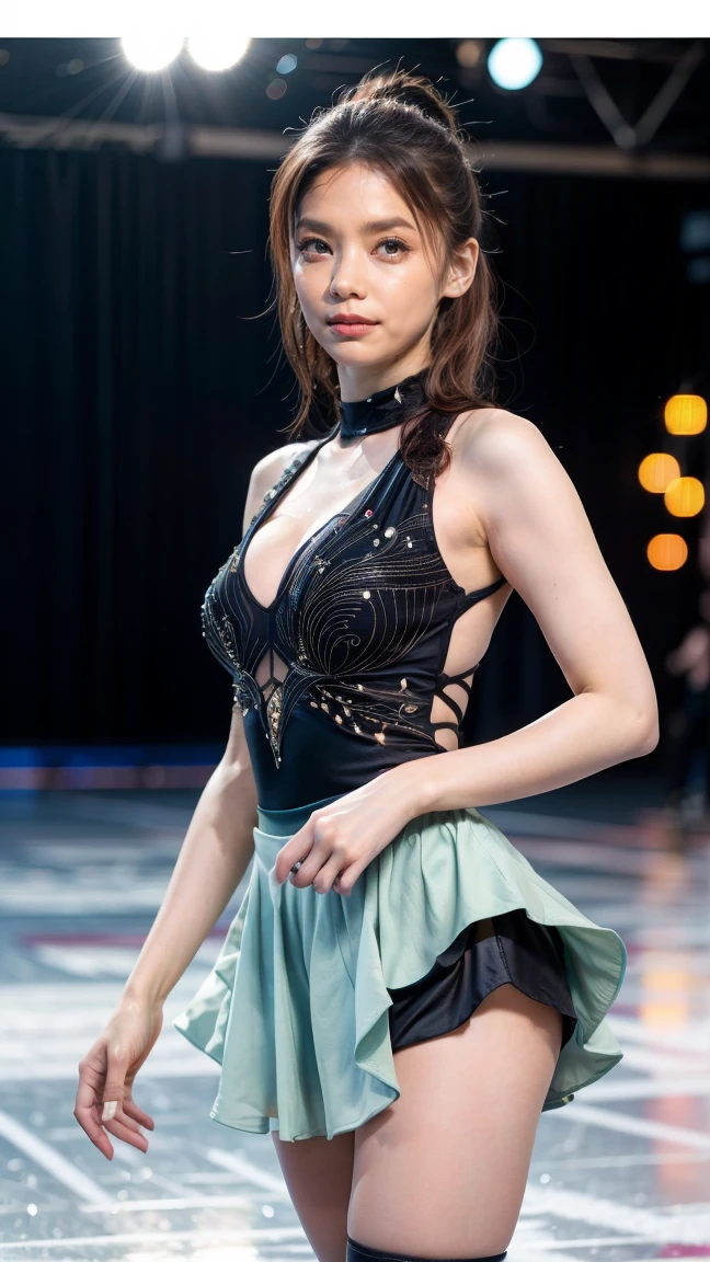 (8k, best quality:1.3), (extremely detailed:1.2), perfect anatomy, beautiful Japanese woman, 18 years old, healthy thighs, beautiful legs, beautiful skin, random hair color, random hairstyle, large breasts, (she is standing:1.2), female figure skater, figure skating outfit, (miniskirt:1.3), full body shot, skate shoes, skating rink, Kana Kurashina