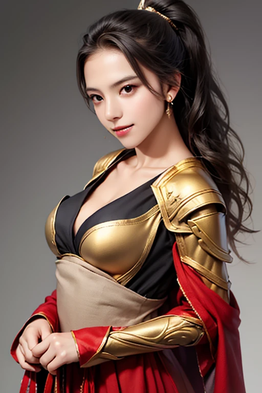 ((The upper body of a female warrior wearing gold and red armor and a cloak:1.4)),1 person,  black hair,  belly shortcut   ,Big breasts and cleavage,  high-definition face and skin texture  ,  staring at the camera,   Chinese Warrior:1.2,  perfect beauty: 1.4, fine grain,  double eyelids in a judo suit ,  whitening for women with bristles, top quality ,  super high res ,  simple background，Symmetrical Normal Eyes   , hair accessories, Slim Waist ,