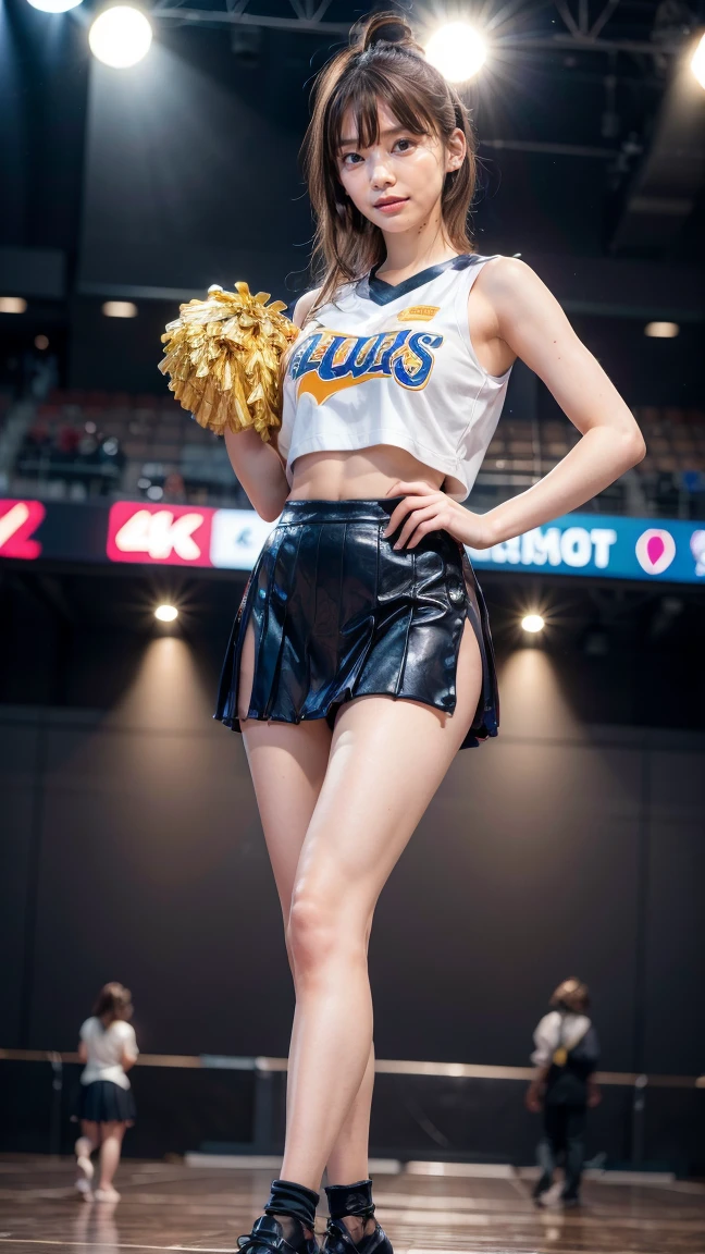 A beautiful young Japanese woman, 20 years old, with perfect anatomy, healthy thighs, beautiful feet, flawless skin, random hair color and style, large bust, (she is standing:1.2), wearing a cheerleader uniform with micro-pleated miniskirt, in a full body shot, standing in a stadium, (best quality,4k,8k, highres, masterpiece:1.3), (extremely detailed:1.2), Kana Kurashina