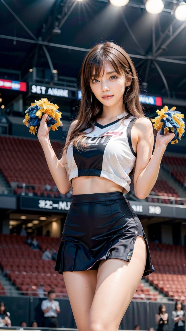 A beautiful young Japanese woman, 20 years old, with perfect anatomy, healthy thighs, beautiful feet, flawless skin, random hair color and style, large bust, (she is standing:1.2), wearing a cheerleader uniform with micro-pleated miniskirt, in a full body shot, standing in a stadium, (best quality,4k,8k, highres, masterpiece:1.3), (extremely detailed:1.2), Kana Kurashina